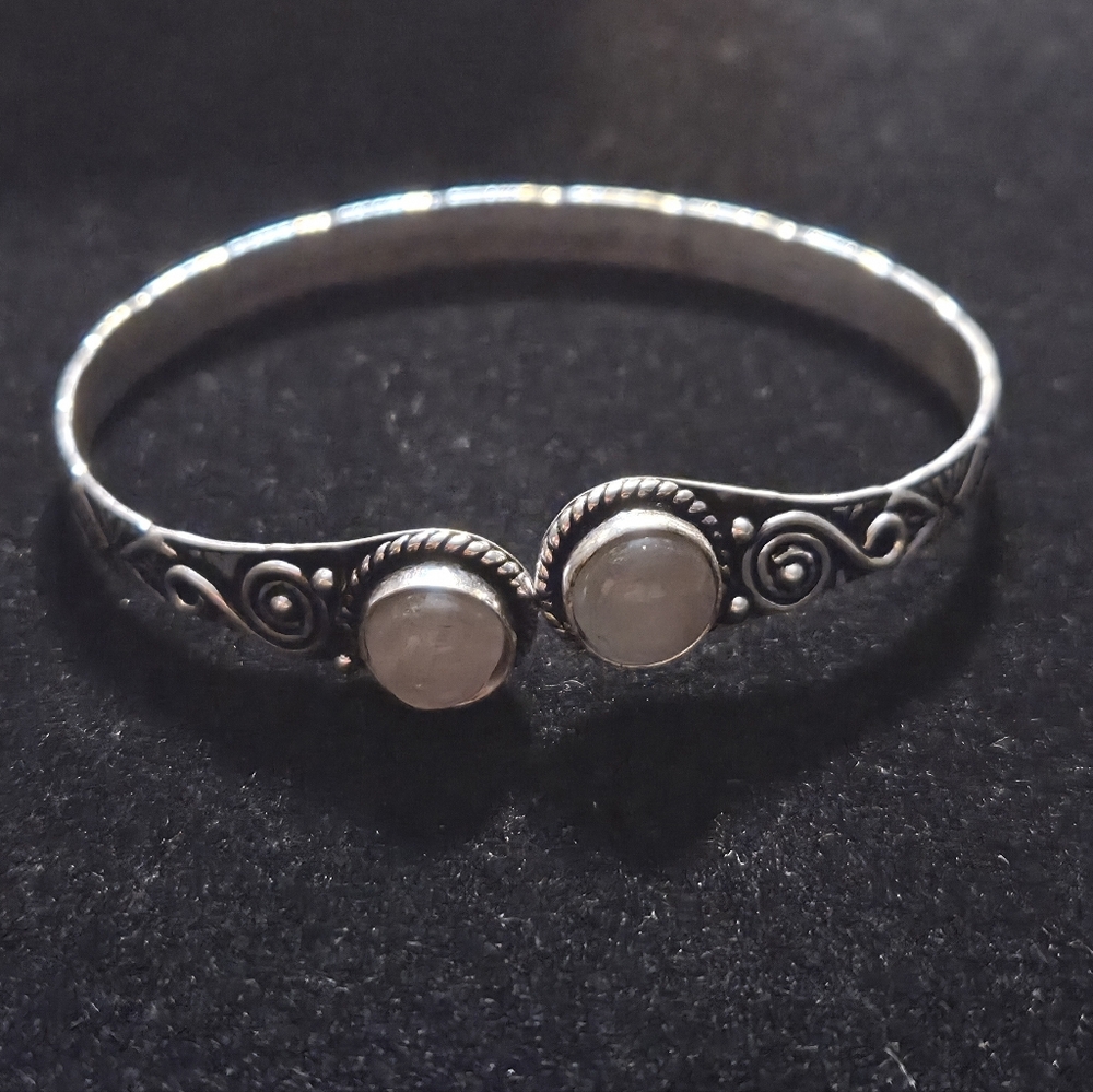 NWOT Natural Rose Quartz and Silver Adjustable Cuff Handmade Bangle Bracelet